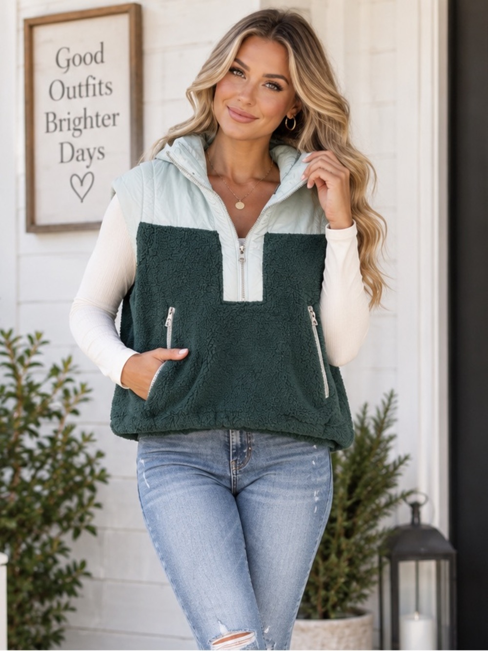 Entro Colorblock Sherpa Quarter Zip Pullover Vest Size Small